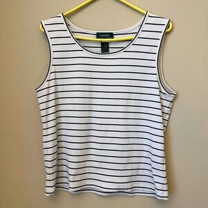 Lauren Ralph Lauren | Ribbed Knit Striped Tank Top | White and Navy | Size Large